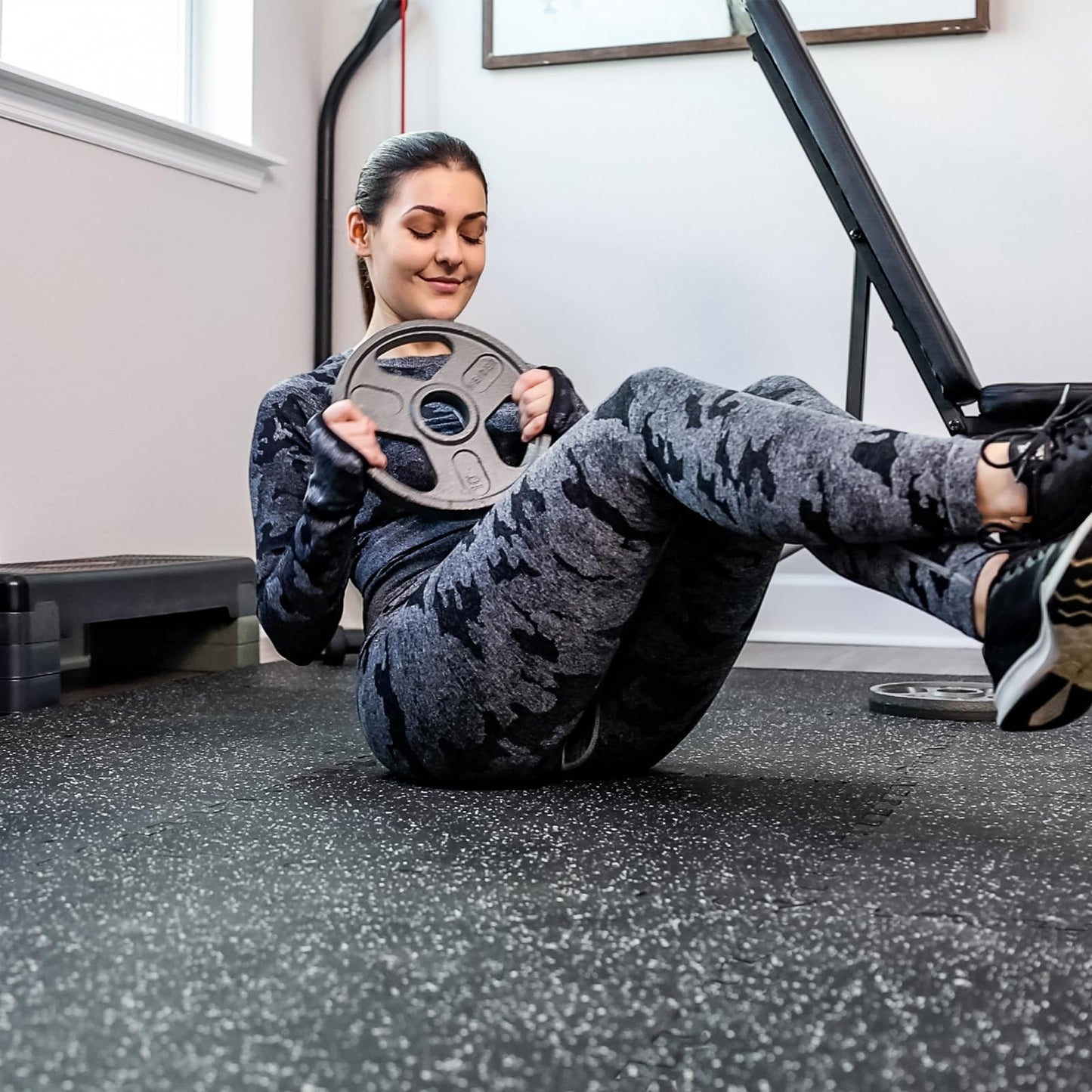 SUPERJARE 0.56'' Thick 12 Pcs 48 Sq Ft Rubber Top Exercise Equipment Mats, High Density EVA Foam Mats with Rubber Top, Interlocking Gym Flooring for Home Gym, Protective Workout Mat, Black/Grey