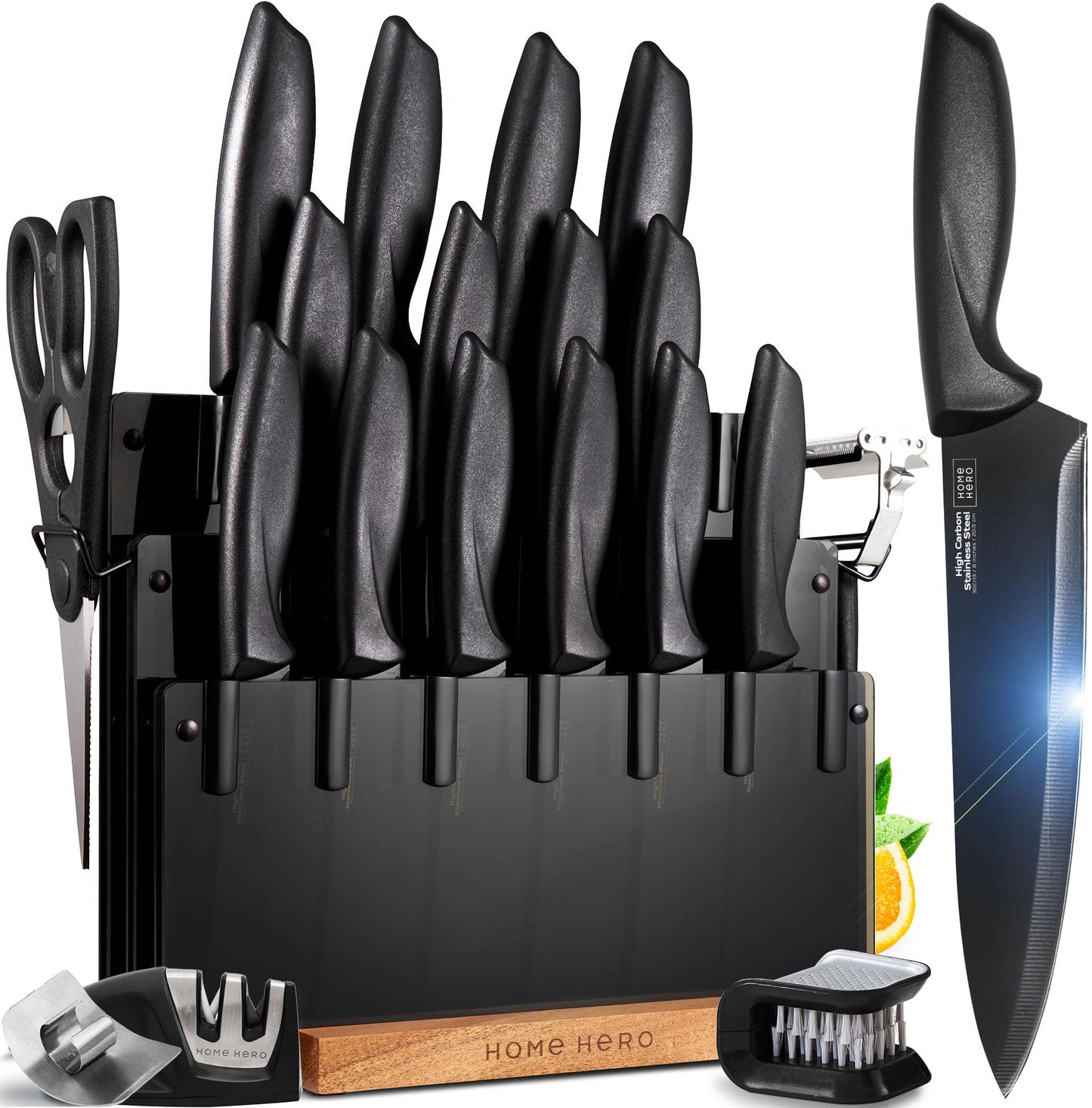 Home Hero Kitchen Knife Set with Sharpener - High Carbon Stainless Steel Knife Block Set with Ergonomic Handles (20 Pcs - Acrylic Black)