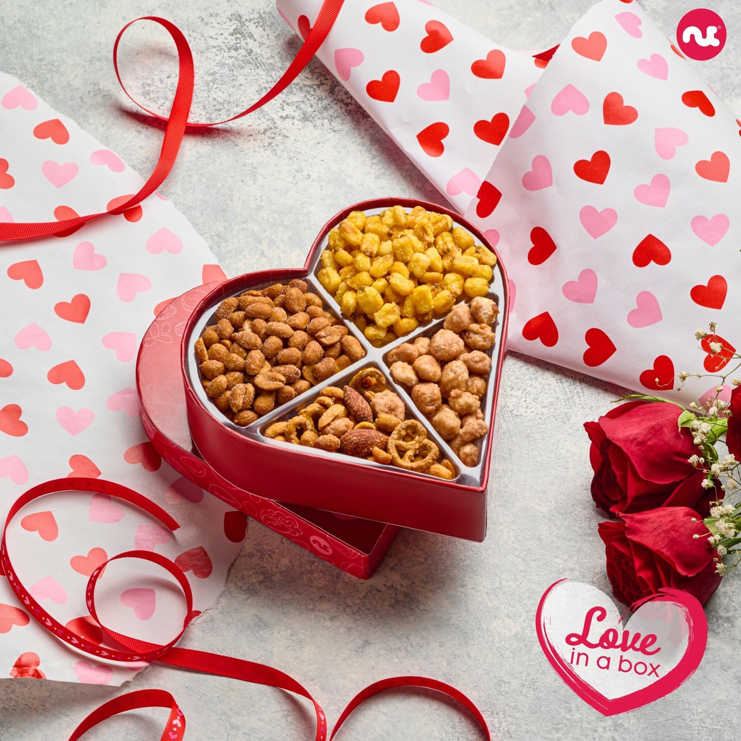 NUT CRAVINGS - Valentines Day Mixed Nuts Heart Shaped Gift Basket, Love in A Box (4 Assortments) Romantic Food Arrangement, Healthy Snack Care Package, Food Assortments