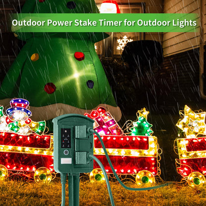 Outdoor Power Stake Timer for Christmas Light Decorations Waterproof, Dusk to Dawn, Outdoor Power Strip with 6 Outlets, 1875W/15A, 100FT Wireless Remote Control, 25FT Extension Cord, Heavy Duty