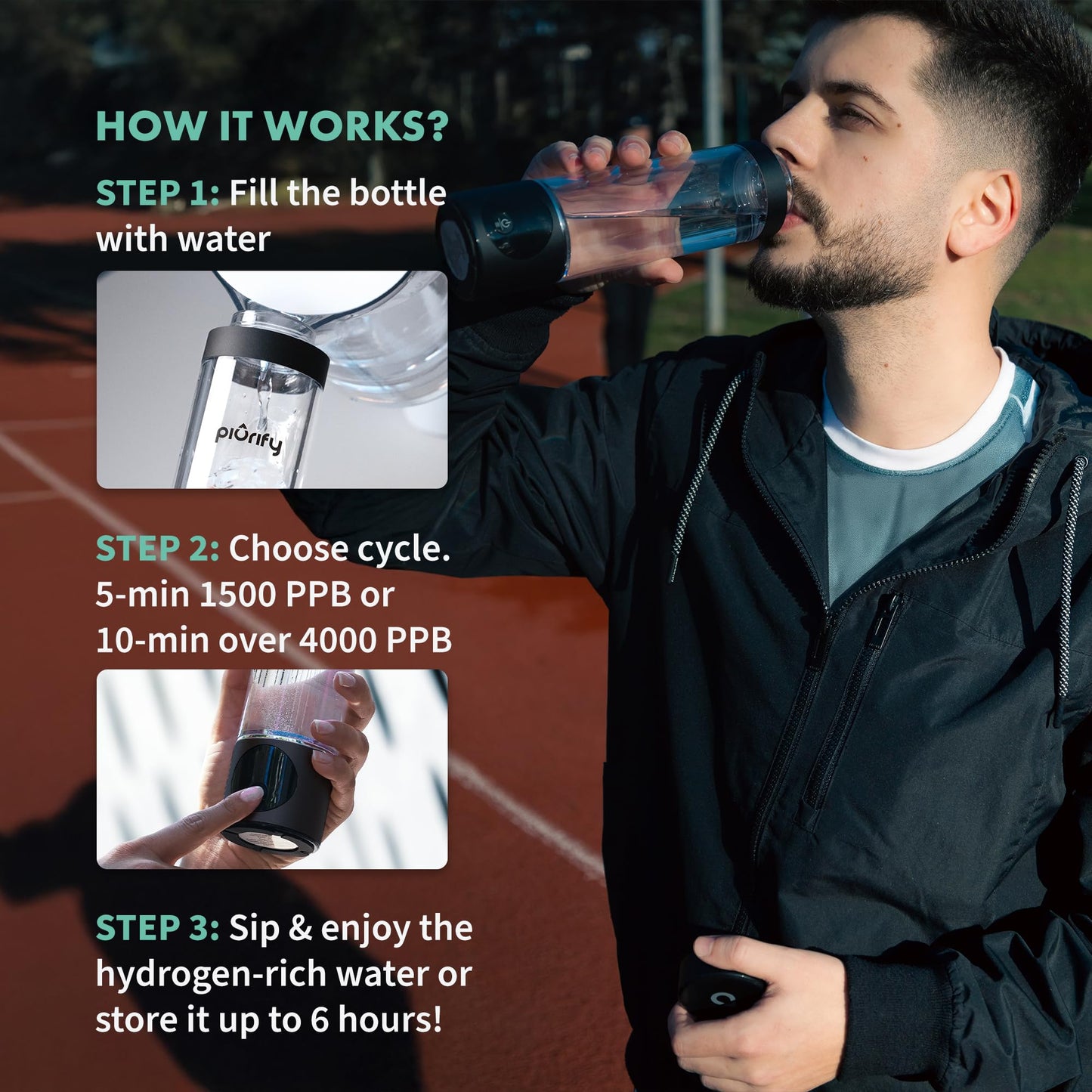 Hydrogen Water Bottle Generator - Up to 4100+ PPB Concentration - SPE/PEM Technology - Certified H2 Generator - Portable Athletic Performance & Hydration System - 6-Hour Hydrogen Retention (Black)