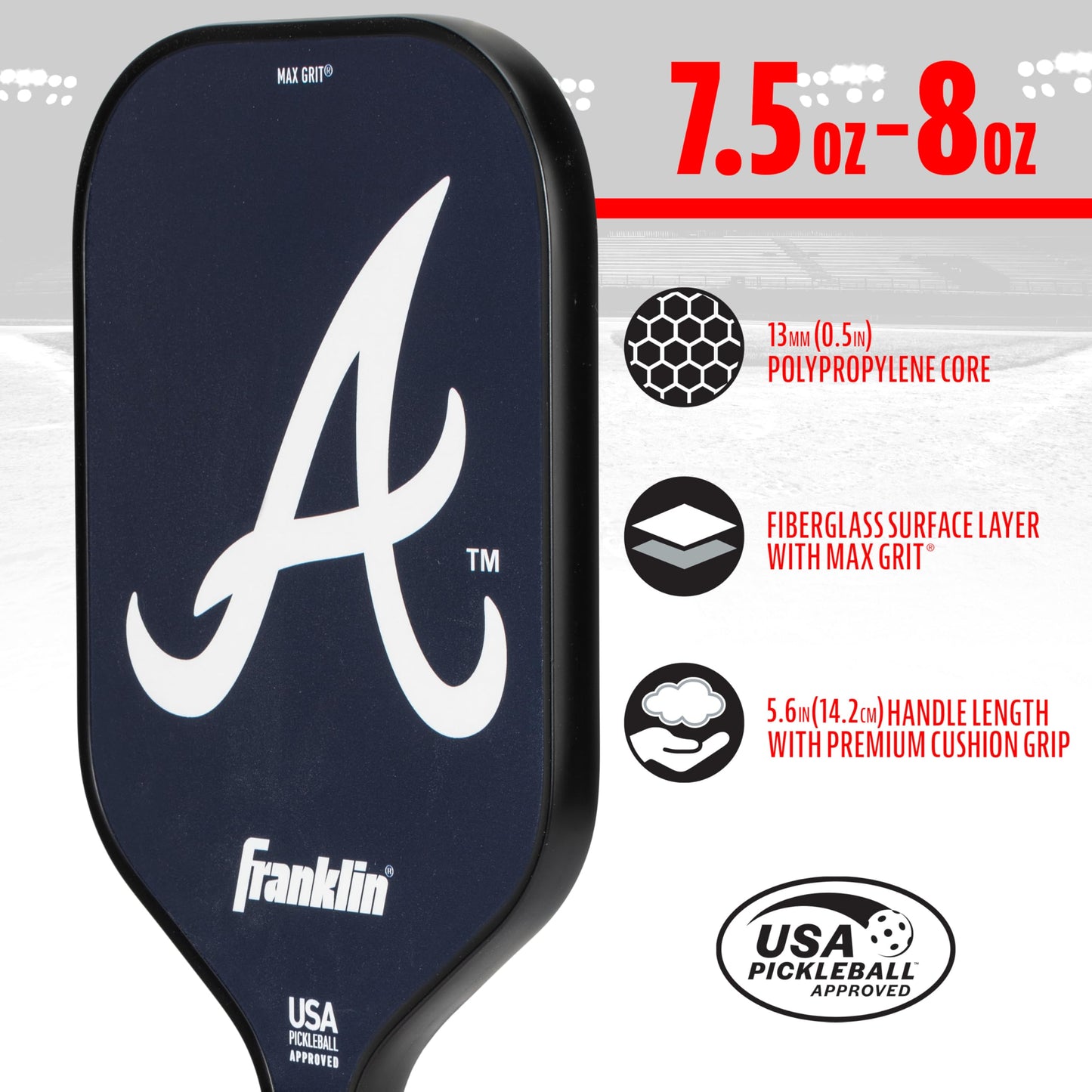 Franklin Sports MLB Atlanta Braves Pickleball Paddle - Official MLB Team Rackets - USAP (USAPA) Approved Premium Quality Pickleball Paddles - Authentic Team Logos + Colors