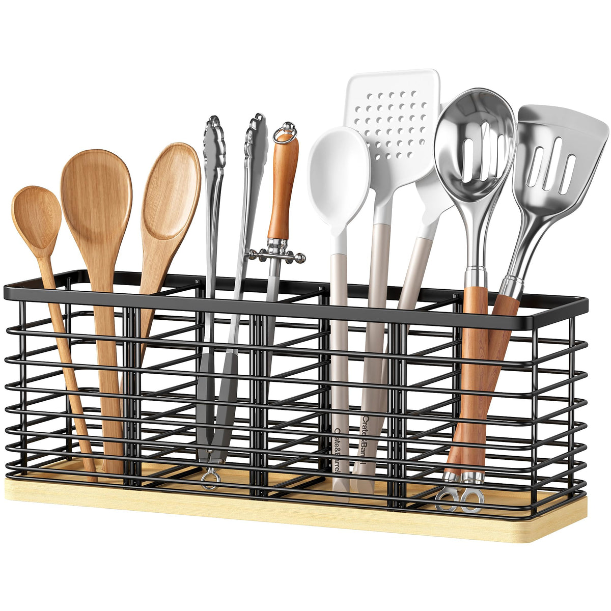FIGWINET Extra Large Kitchen Utensil Holder, Metal Utensil Organizer with 4 Compartments, Black Cooking Utensil Holder for Kitchen Counter with Wooden Base