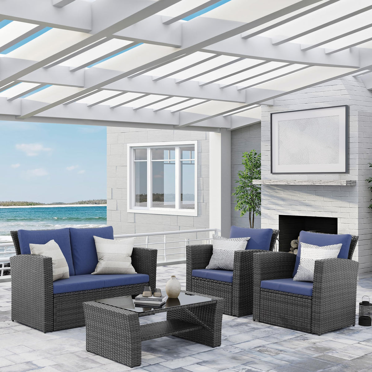 Wisteria Lane 4 Piece Outdoor Patio Furniture Sets, Wicker Conversation Set for Porch Deck, Grey Rattan Sofa Chair with Cushion （Blue