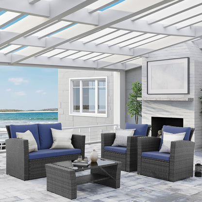 Wisteria Lane 4 Piece Outdoor Patio Furniture Sets, Wicker Conversation Set for Porch Deck, Grey Rattan Sofa Chair with Cushion （Blue