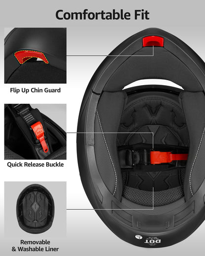 Motorcycle Modular Full Face Helmet DOT Approved - YEMA Helmet YM-925 Motorbike Casco Moto Moped Street Bike Racing Helmet with Sun Visor for Adult Youth Men and Women - Matte Black,S