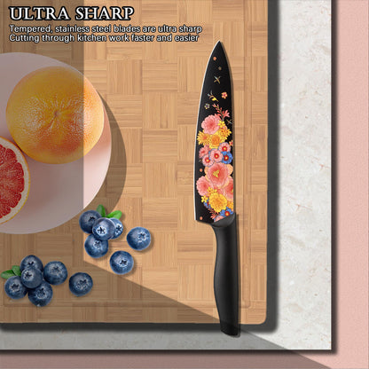 Marco Almond Knife Set Artistic Designed Pattern Kitchen Knife 6 Stainless Steel Kitchen Knives w 6 Blade Guards,Dishwasher Safe Kitchen Knife Sets for Family Knives Set for Chefs