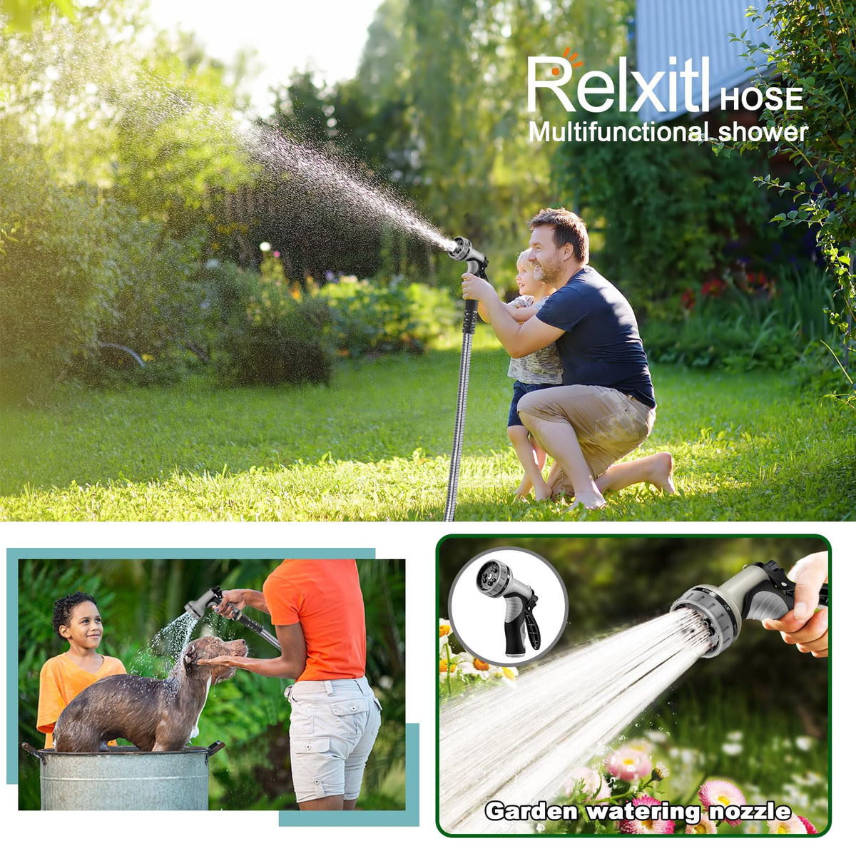 25FT Metal Garden Hose - Stainless Steel, Heavy Duty, Flexible & Lightweight, Never Kink and Tangle, with 10-Function Nozzle, Pressure Resistant for Outdoor Use (Grey)