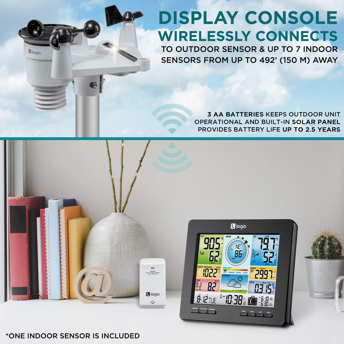 Logia 18-in-1 Wi-Fi Weather Station with 7-in-1 Solar Sensor Array, Temperature Humidity Wind Speed/Direction Rain UV & More, Wireless Color Console w/Forecast Data, Alarm, Alerts