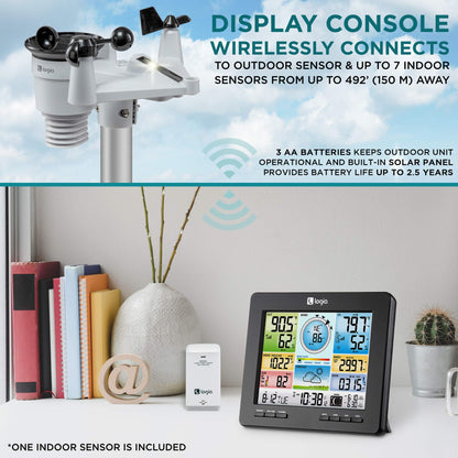 Logia 18-in-1 Wi-Fi Weather Station with 7-in-1 Solar Sensor Array, Temperature Humidity Wind Speed/Direction Rain UV & More, Wireless Color Console w/Forecast Data, Alarm, Alerts