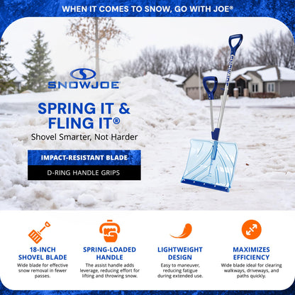 Snow Joe SJ-SHLV02 Shovelution Ergonomic Snow Shovel, 18-Inch Poly Shovel Blade, Spring-Assist Handle with D-Ring Grips