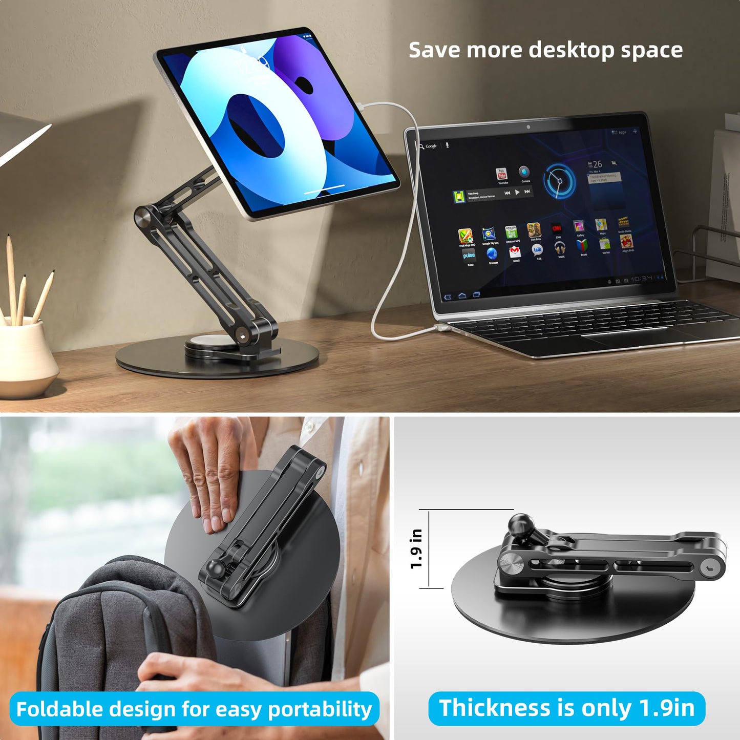 WEARSON 75mm VESA Mount Monitor Stand - Foldable Small Monitor Stand for 10" 13" 15.6" 16" 17" 17.3" inch Portable Monitor Stand Lay Flat support VESA 75*75mm (Black)