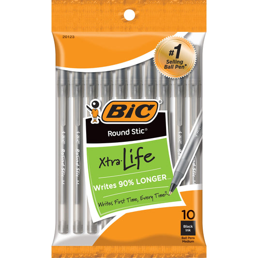 BIC Round Stic Xtra Life Black Ballpoint Pens, Medium Point (1.0mm), 10-Count Pack of Bulk Pens, Flexible Round Barrel for Writing Comfort, No. 1 Selling Ballpoint Pens