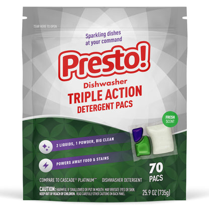Amazon Brand - Presto! Triple Action Dishwasher Pacs, Anti-spotting, Fresh Scent, 70 Count
