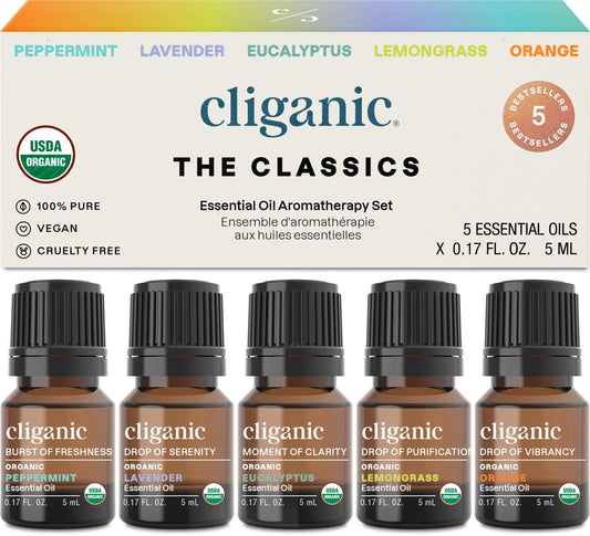 Cliganic Organic Essential Oils Set (Top 5 - The Classics) - 100% Pure Natural - Aromatherapy, Candle Making - Peppermint, Lavender, Eucalyptus, Lemongrass & Orange