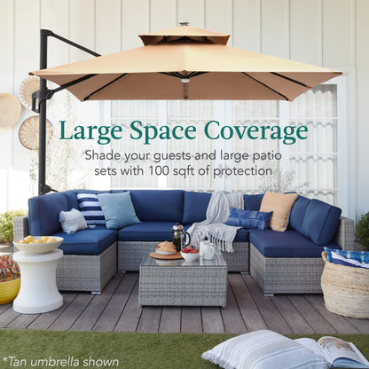 Best Choice Products 10x10ft Cantilever Patio Umbrella w/Base Included, Solar LED Lights 360 Rotation Large Offset Hanging Outdoor Shade for Deck Pool Backyard w/Stand – Gray