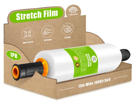 Cosy Family Plastic Wrap Stretch Film Roll - 1000ft 60 Gauge Industrial Strength 15 inch Wide Clear Plastic Wrap Roll with Handles for Pallet Wrapping Shipping Moving - Clear, Pack of 1