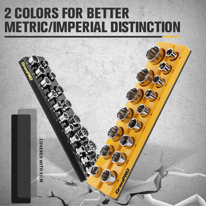 GRENPRO Socket Organizer for Tool Box Drawer, 6pc 143 Metric & SAE Magnetic Socket Holder, 1/4", 3/8", 1/2" Drive Socket Tray Set, Magnetic Socket Organizer