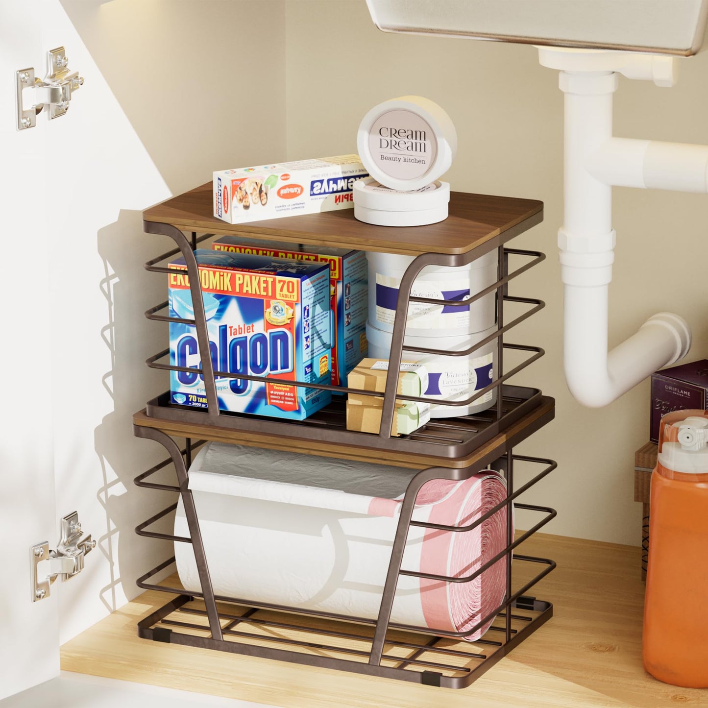 TIDIIABODE Extra Large 2 Pack Stackable Storage Pantry Organizers and Storage, Wall Mount Trash Bag Holder with Bamboo Top and Garbage Bag Dispenser, Brown