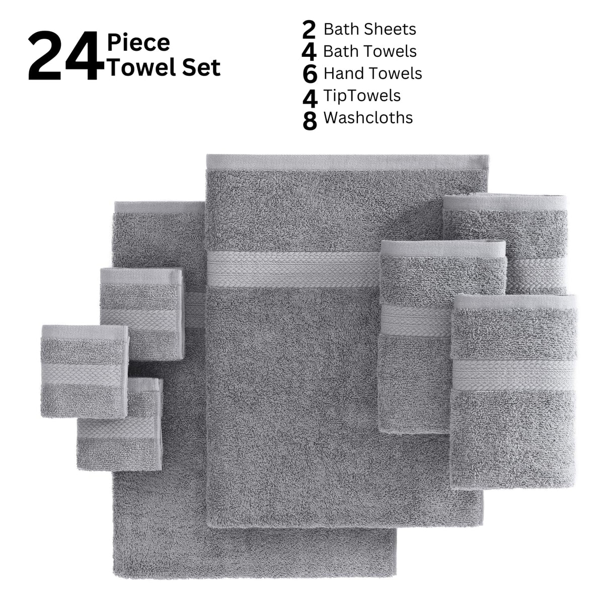 LANE LINEN Cotton Bath Towel Set - 24 Pcs - Highly Absorbent, Quick Dry & Ultra Soft - 2 Bath Sheets, 4 Bath, 6 Hand Towels, 8 Washcloths, 4 Fingertip - Oeko Tex Certified - Space Grey