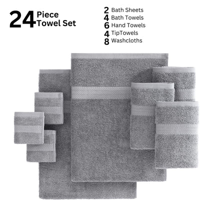LANE LINEN Cotton Bath Towel Set - 24 Pcs - Highly Absorbent, Quick Dry & Ultra Soft - 2 Bath Sheets, 4 Bath, 6 Hand Towels, 8 Washcloths, 4 Fingertip - Oeko Tex Certified - Space Grey