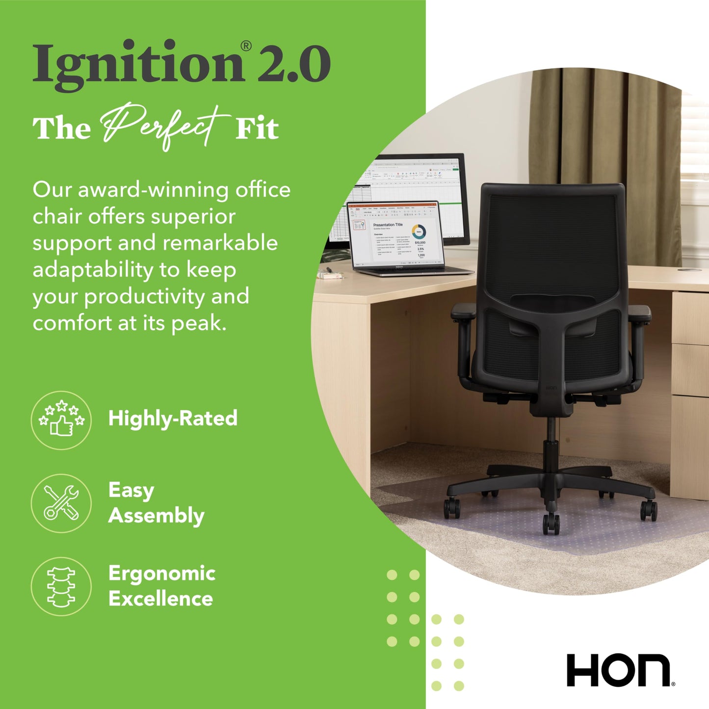 HON Ignition 2.0 Mid Back Task Chair, Advanced Synchro-Tilt Control, Office Chair with Lumbar Support, Height and Width Adjustable Arms, Black Frame, Black