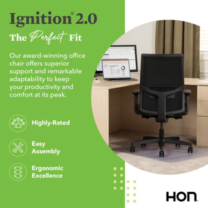 HON Ignition 2.0 Mid Back Task Chair, Advanced Synchro-Tilt Control, Office Chair with Lumbar Support, Height and Width Adjustable Arms, Black Frame, Black