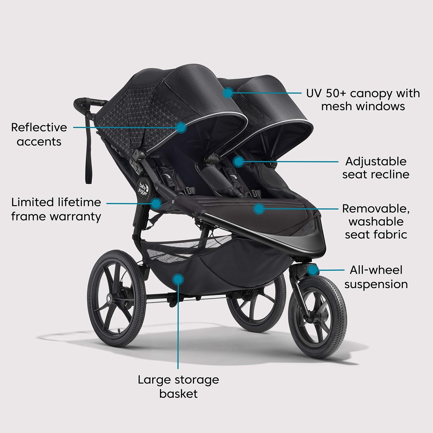 Baby Jogger Summit X3 Double Jogging Stroller Midnight Black Buggy for Two Smooth Ride for Walking or Jogging Compact Fold Increased Airflow All-Terrain Air Filled Tires and All-Wheel Suspension