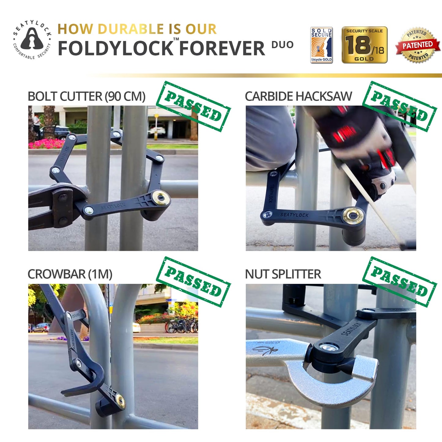 Seatylock FoldyLock Forever Folding Bike Lock Set - Patented 2 Matching Bicycle Locks with 6 Identical Keys - 18/18 Heavy Duty Anti Theft Secure Guard with Keys & Case Mount - 35.4"