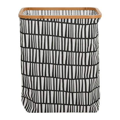 Household Essentials Bamboo Rimmed Rectangular Krush Hamper with Cutout Handles, Black and White