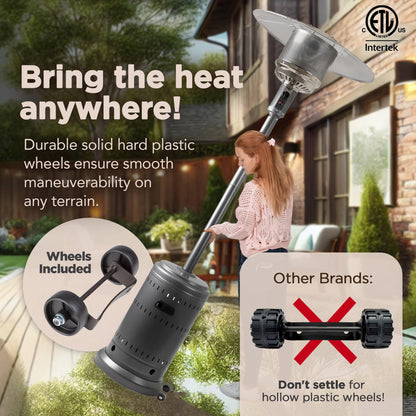 Amazon Basics 46,000 BTU Outdoor Propane Patio Heater with Wheels, Commercial & Residential, 13489.74 watts, Slate Gray, with water tank, 32.1 x 32.1 x 91.3 inches (LxWxH)