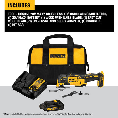 DEWALT 20V MAX XR Oscillating Tool Kit with Blades, 3 Speed Cordless Brushless Multitool, Up to 20,000 OPM, LED Light, Battery and Charger Included (DCS356C1)