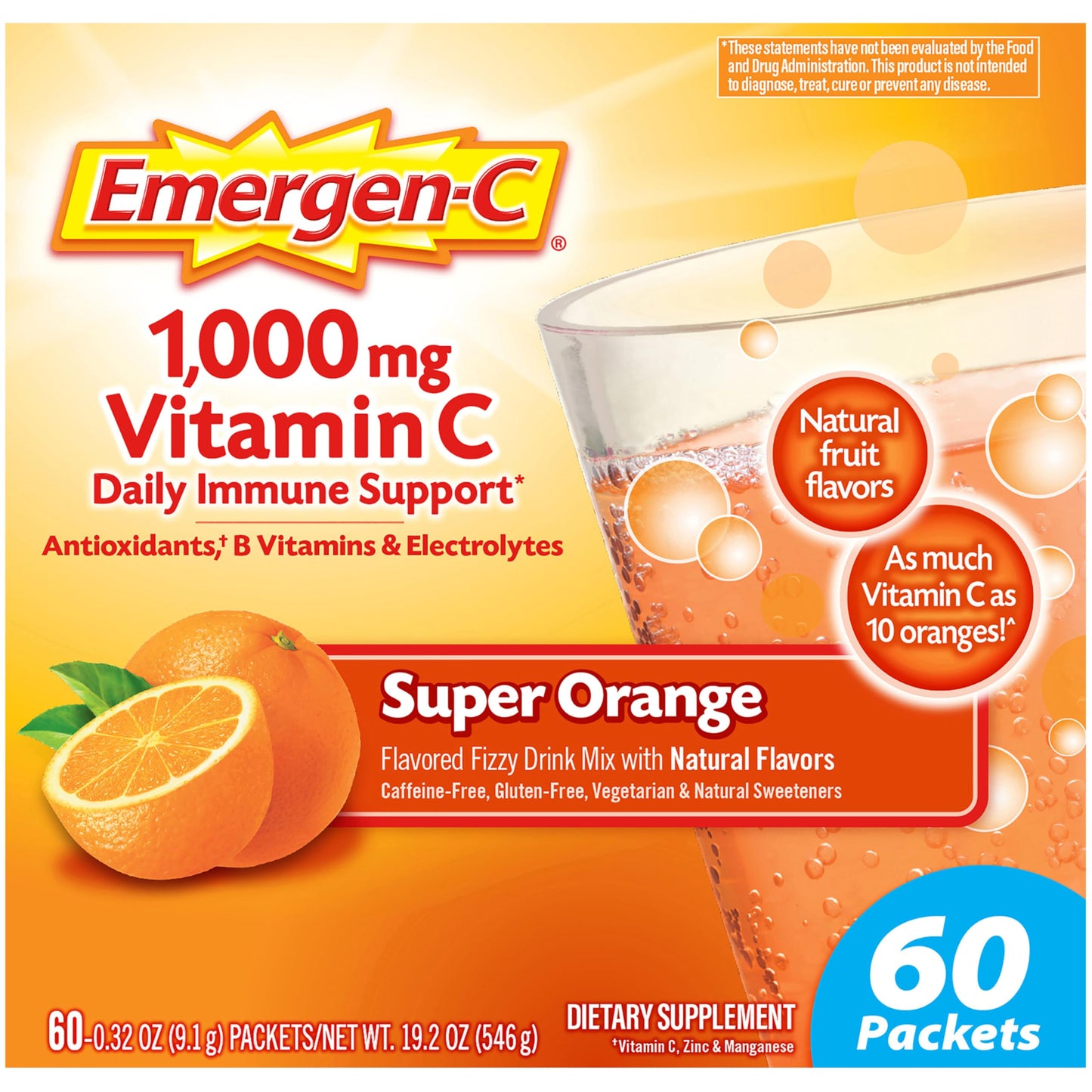 Emergen-C 1000mg Vitamin C Powder for Daily Immune Support Caffeine Free Vitamin C Supplements with Zinc and Manganese, B Vitamins and Electrolytes, Super Orange Flavor - 60 Count/2 Month Supply