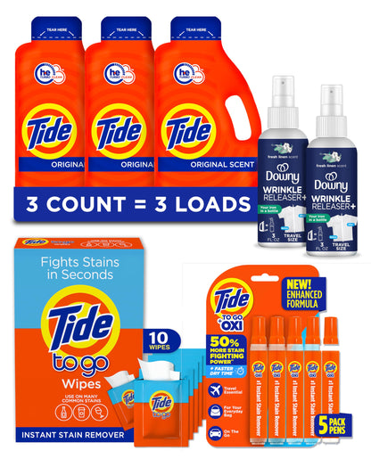 MADE BY NEHEMIAH Tide Back to School Bundle - Includes Liquid Detergent, Tide Stain Remover Wipes, Stain Remover Pen & Downy Wrinkle Releaser Spray - College & Dorm Room Essentials
