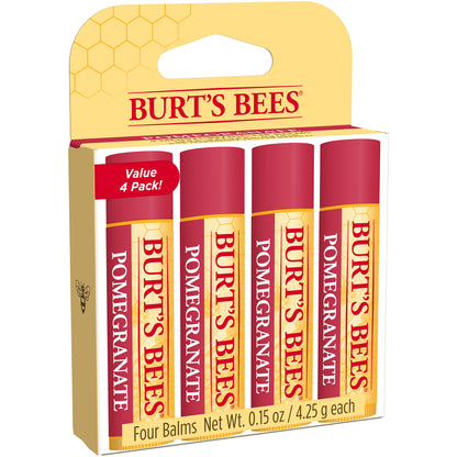 Burt's Bees Lip Balm - Pomegranate, Lip Moisturizer With Responsibly Sourced Beeswax, Tint-Free, Natural Origin Conditioning Treatment, 4 Tubes, 0.15 oz.
