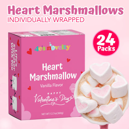 4E's Novelty Heart Marshmallows (24 Packs) Pink & White Valentine Marshmallows Mini Individually Wrapped for Hot Chocolate, Valentines Candy Bulk for Kids Classroom Exchange Party Favors