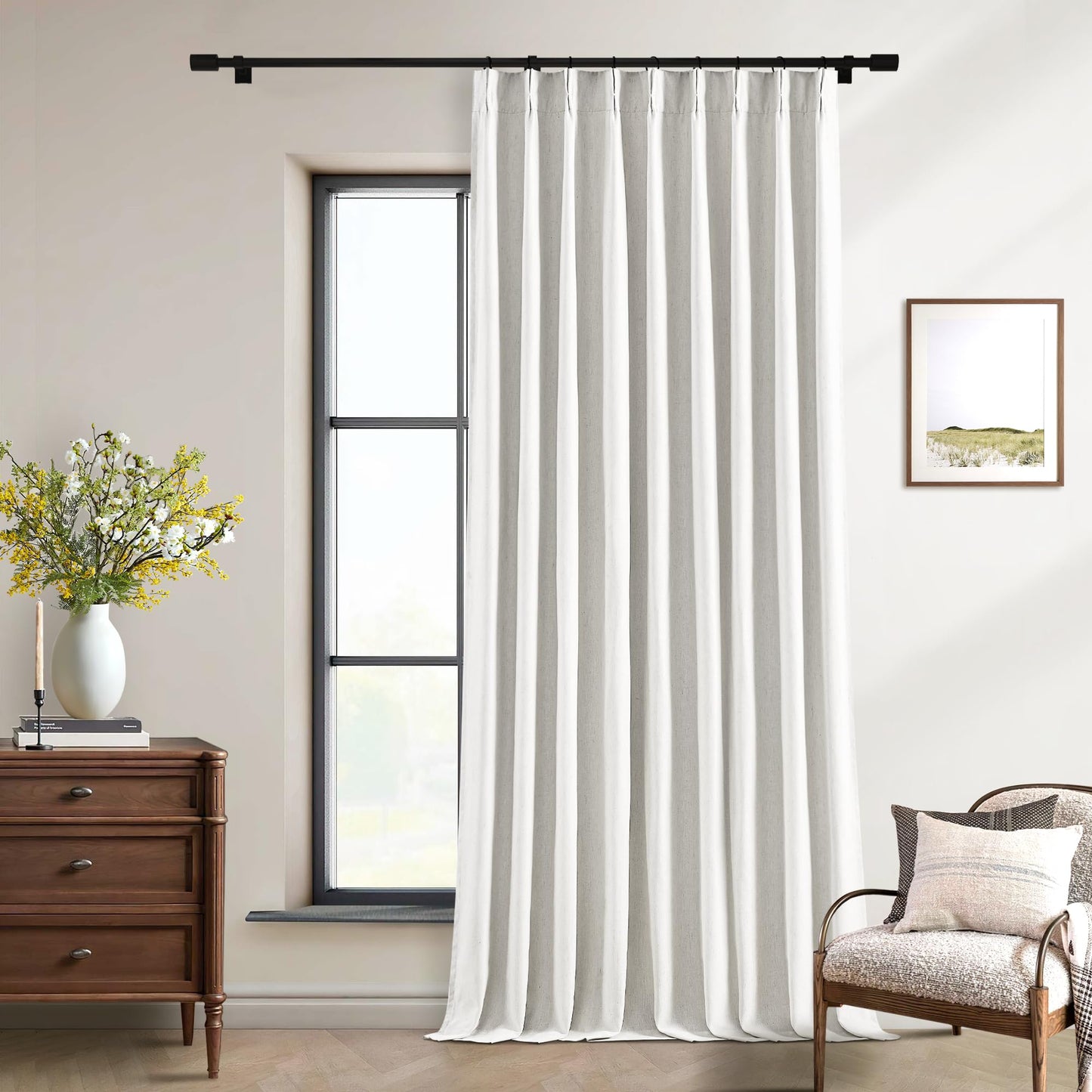 102 Inch 100% Blackout Linen Pleated Curtain 60 Inch Wide 1 Panel for Living Room Pinch Pleat Back Tab Black Out Drapes Memory Shape Heat Reducing 2 Layer Curtain Bedroom Sliding Door 102 Inches Long