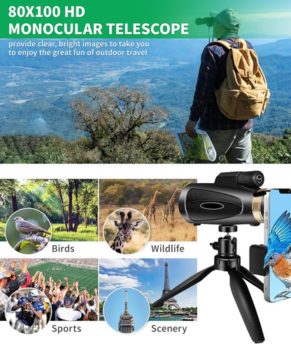 Monocular Telescope 80x100 HD Monoculars for Adults with Tripod, Monoculars for Bird Watching Stargazing Camping Hiking Hunting Wildlife Travel-Black