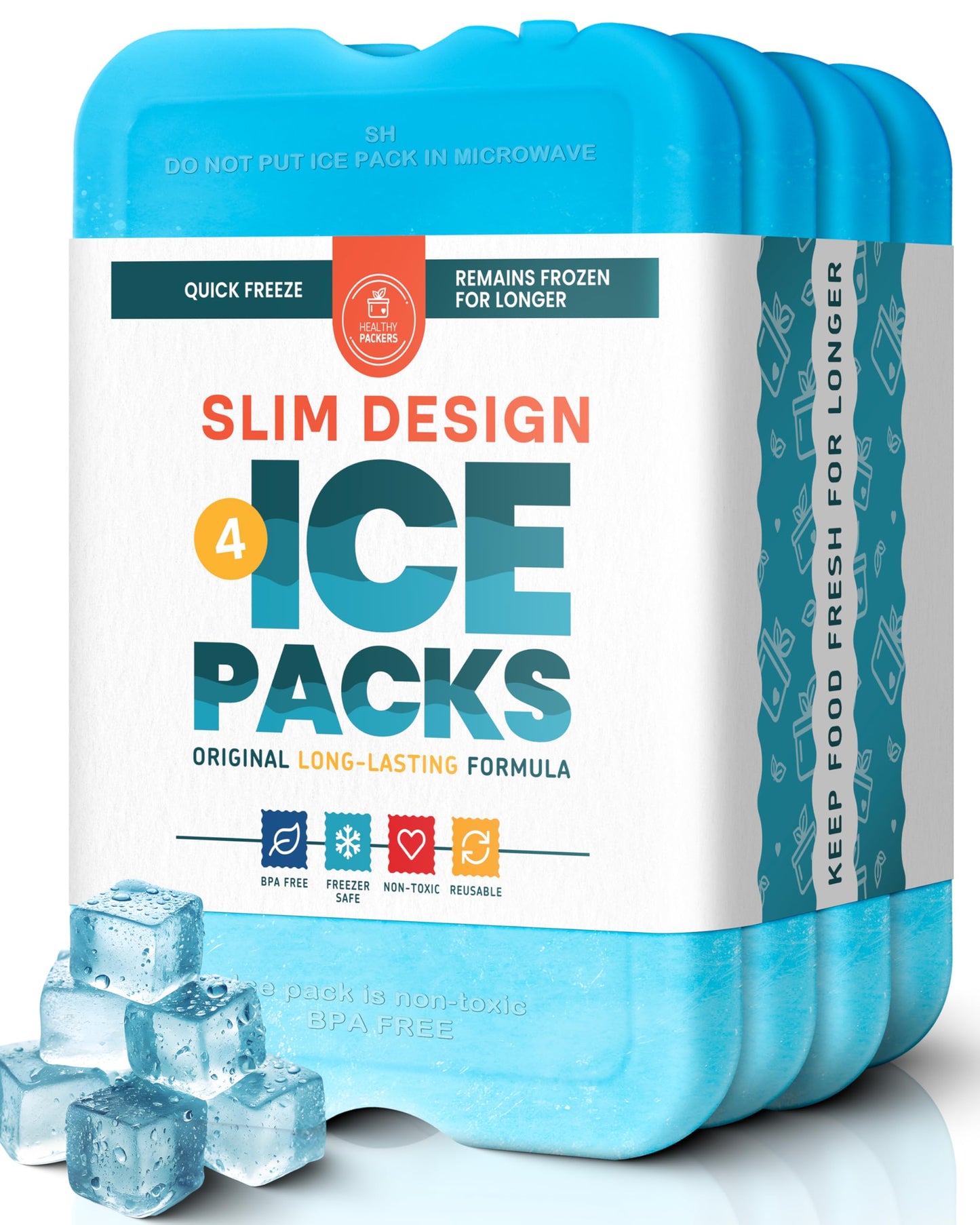Healthy Packers Ice Packs for Lunch Boxes & Coolers - Freezer Packs - Original Cool Pack | Cooler Accessories for Beach, Camping & Fishing | Slim & Long-Lasting Reusable Ice Pack for Cooler (Set of 4)