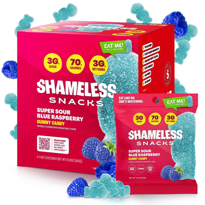 Shameless Snacks - Healthy Low Calorie Snacks, Low Carb Keto Gummies (Gluten Free Candy) - 6 Pack Sour Blue Raspberry
