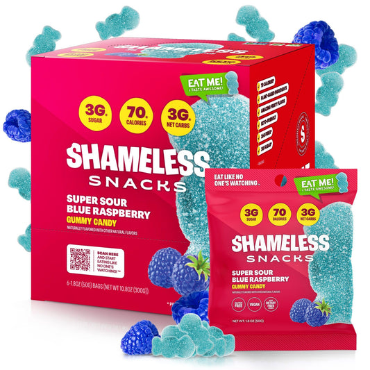 Shameless Snacks - Healthy Low Calorie Snacks, Low Carb Keto Gummies (Gluten Free Candy) - 6 Pack Sour Blue Raspberry