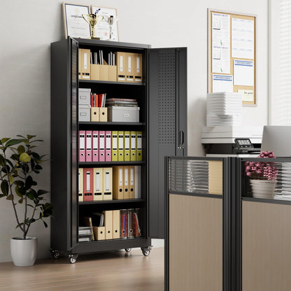 Aobabo 73''H Metal Garage Storage Cabinet with Wheels,Steel Cabinets with 2 Doors and 4 Adjustable Shelves for Home Office,Required Assembly,Black