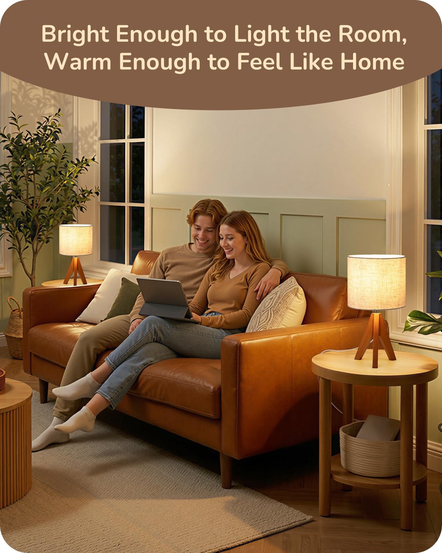 EDISHINE Tripod Table Lamp, Small Cute Bedside Lamp with Linen Beige Lampshade, Nightstand Lamp for Nursery, Bedroom, Kid Room, Living Room, Light Brown Wooden Base, E26 Socket, 14.2 Inch