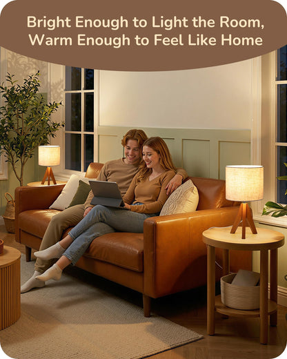 EDISHINE Tripod Table Lamp, Small Cute Bedside Lamp with Linen Beige Lampshade, Nightstand Lamp for Nursery, Bedroom, Kid Room, Living Room, Light Brown Wooden Base, E26 Socket, 14.2 Inch