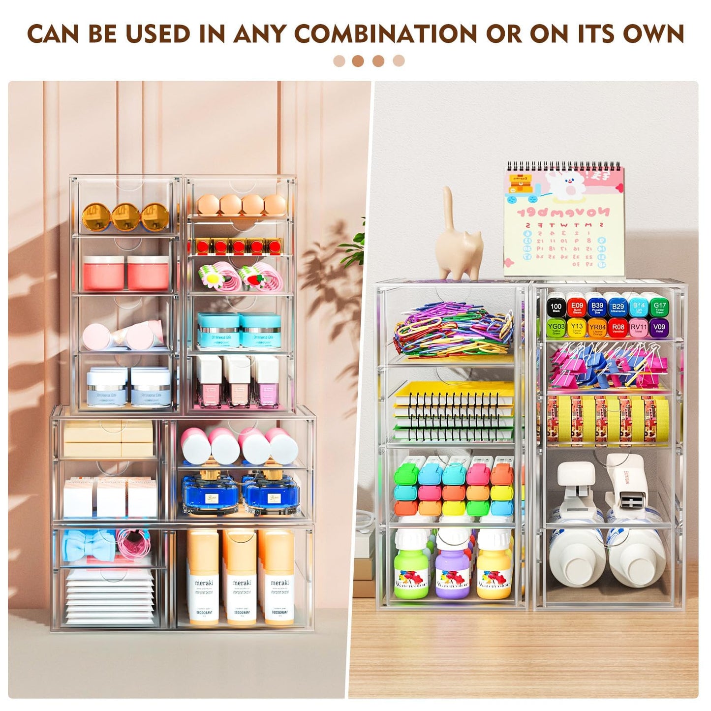 ARSTPEOE 22 Drawers, Acrylic Desk Makeup Organizer, Plastic Drawers Organizer, Stackable Storage Solution for Makeup, Dresser, Office, Bathroom Clear Plastic Craft and Bead Storage Cabinet