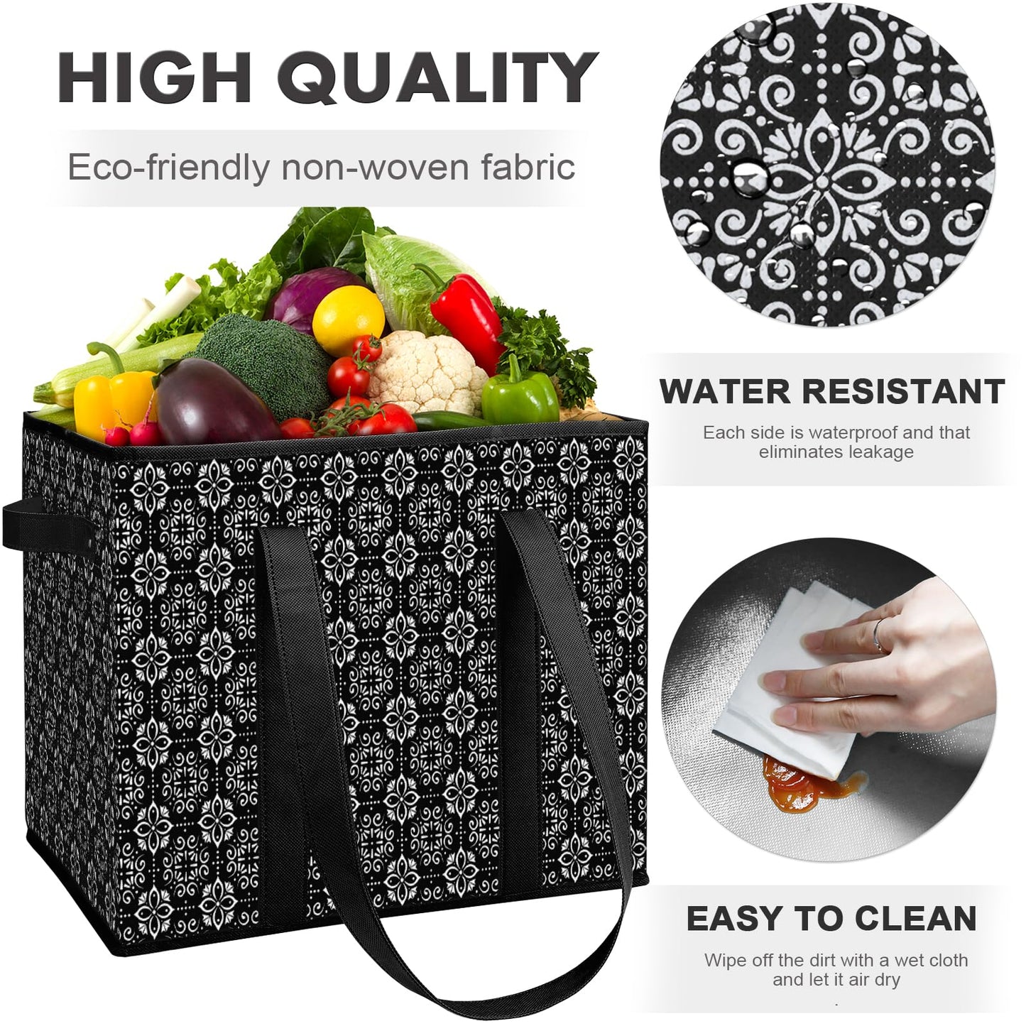 WISELIFE Reusable Grocery Bags [4 Pack],Large Grocery Tote Bag Water Resistant Shopping Bags Foldable Grocery Bag for Clothes,Shoes and Picnic,Black