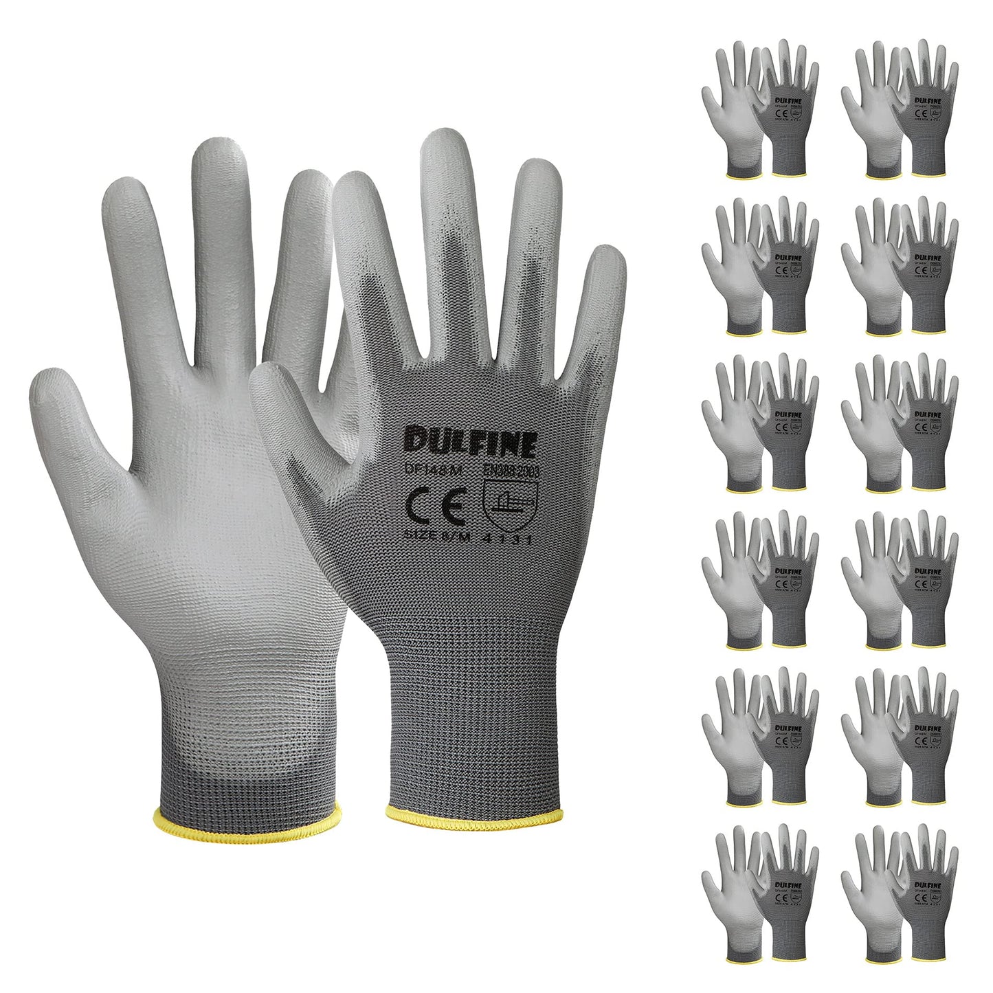 DULFINE Safety Work Gloves PU Coated-12 Pairs,Grey Seamless Knit Glove with Polyurethane Coated Smooth Grip on Palm & Fingers, for Men and Women, Ideal for General Duty Work (Large)
