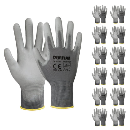 DULFINE Safety Work Gloves PU Coated-12 Pairs,Grey Seamless Knit Glove with Polyurethane Coated Smooth Grip on Palm & Fingers, for Men and Women, Ideal for General Duty Work (Large)