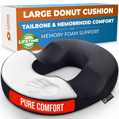 5 STARS UNITED Donut Pillow Hemorrhoid Tailbone Cushion – Large Cushion for Pain Relief – Coccyx, Prostate, Sciatica, Pelvic Floor, Pressure Sores, Pregnancy, Postpartum Recovery, Black