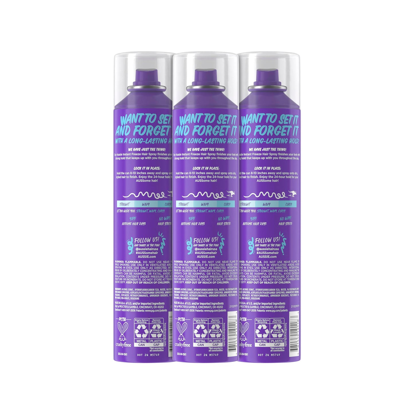 Aussie Instant Freeze Hair Spray for Extreme Hold, Infused with Jojoba Oil & Sea Kelp, Long-Lasting All-Day Fresh Citrus Scent, Safe for All Hair Types, 10 Fl Oz, 3 Pack